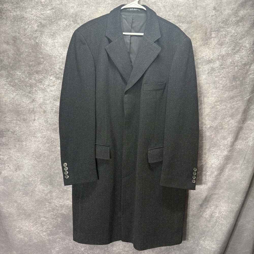 Vintage Hugo Boss Neon Herringbone Tweed Wool Overcoat Mens Size 44R Charcoal